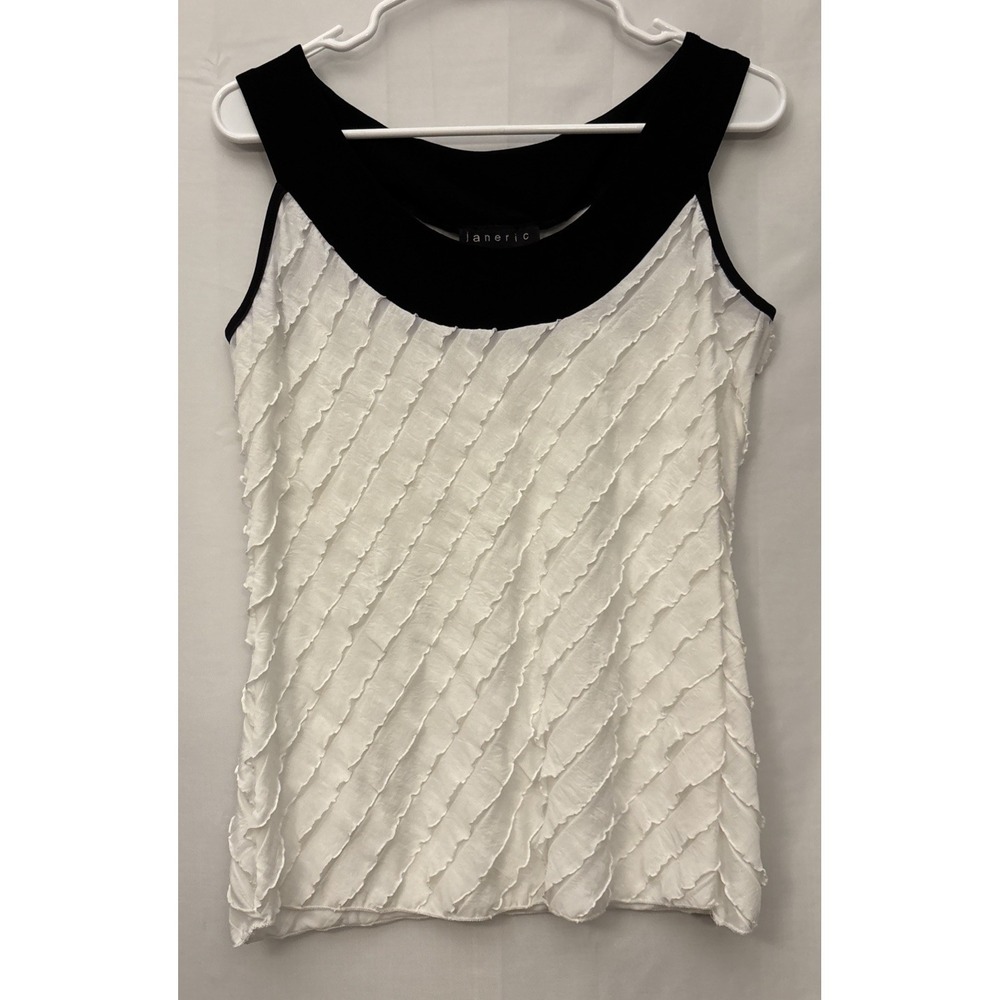 Janeric Women's White Sleeveless Tank‎ Top Blouse Diagonal Wave Ruffles Size S